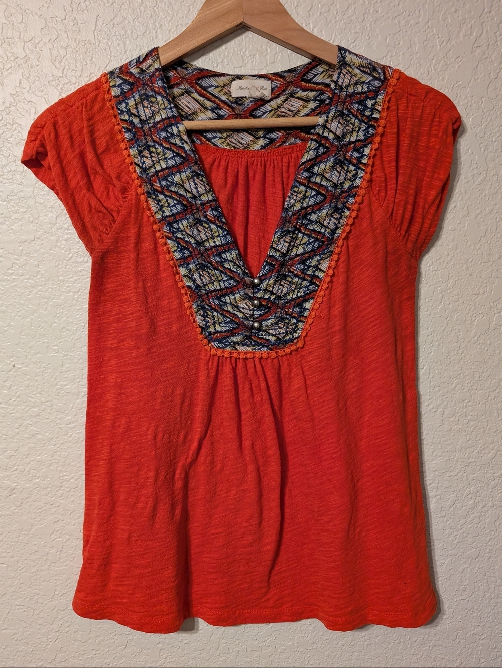 Anthropologie Meadow Rue Red Blouse w/ Colorful Trim, Lace & Buttons, XS
